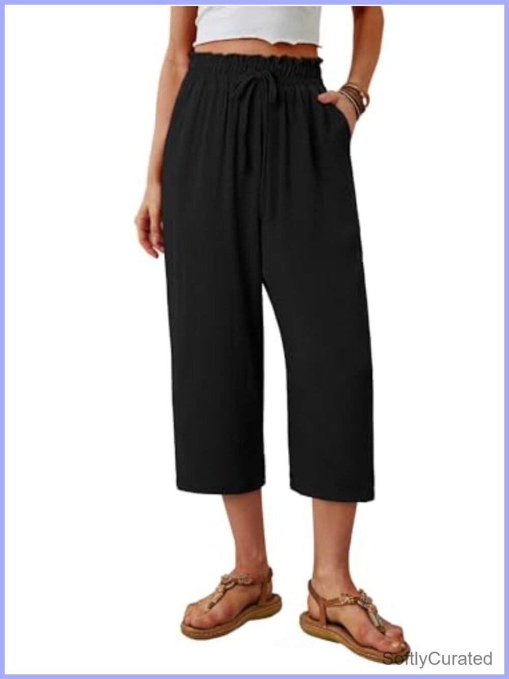 Womens Wide Leg Capri Pants Paper Bag High Waisted Flowy Cropped Palazzo with